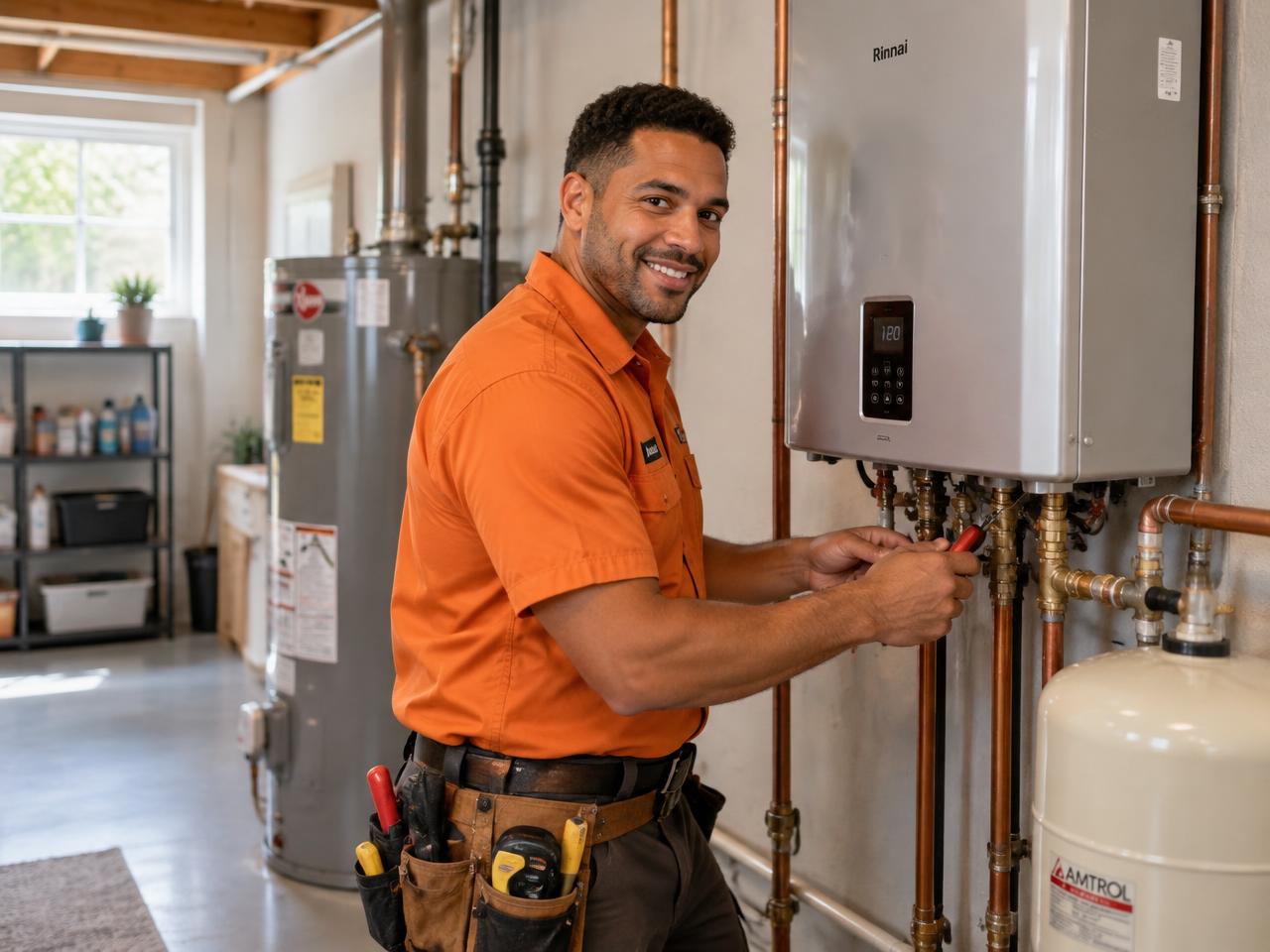 Illustrative GARD technician servicing a tankless water heater in a home